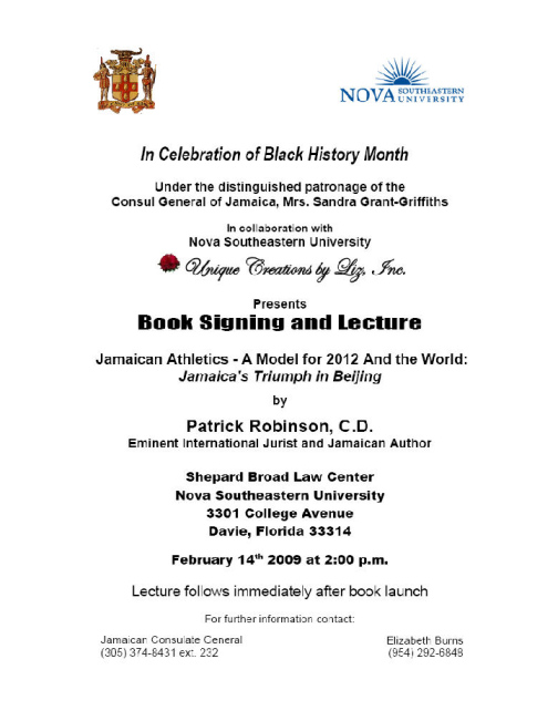 Special Book Launch Invitation - Jamaican Athletics - A Model for 2012 And the World, By Judge Patrick Robinson